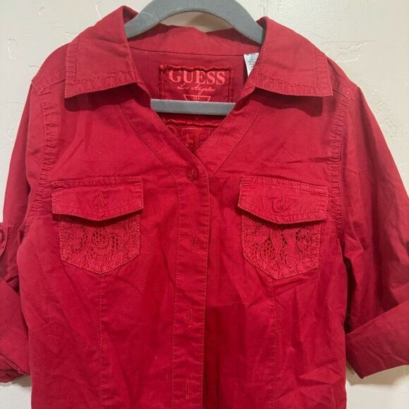 Guess Girls Large Red Button up with Lace pockets and heart back - Picture 2 of 7